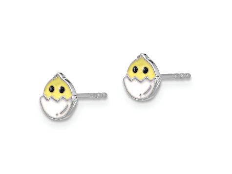 Rhodium Over Sterling Silver Chick in Egg Children's Post Earrings