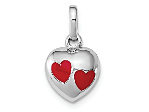 Rhodium Over Sterling Silver Polished Red Enameled Hearts Children's Pendant