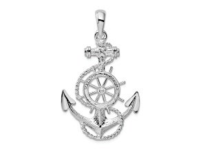 Rhodium Over Sterling Silver Polished Anchor with Ships Wheel Pendant