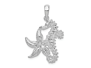 Rhodium Over Sterling Silver Polished Starfish and Seahorse Pendant