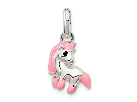 Sterling Silver Polished Pink and Black Enameled Pony Children's Pendant