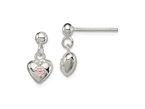 Sterling Silver Pink Enamel Flower Heart Children's Post Dangle Earrings