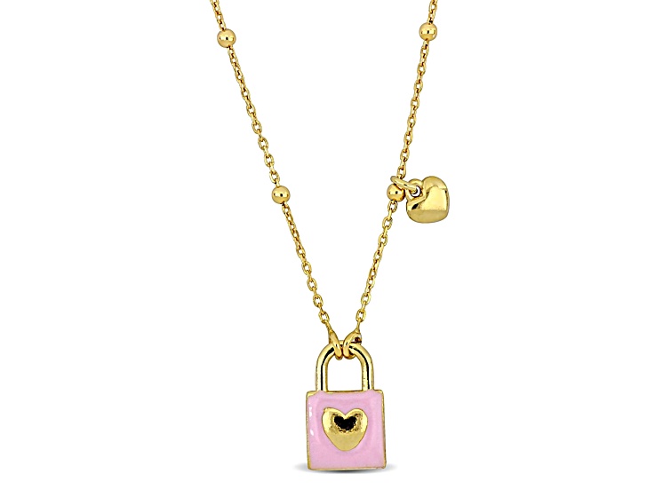 Children's Pink Enamel Lock and Heart Charm Necklace in 14K Yellow Gold Over Sterling Silver