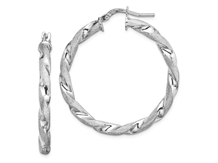 Rhodium Over Sterling Silver Satin Polished Twisted 3x35mm Hoop Earrings