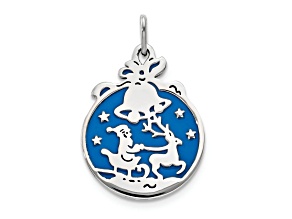 Sterling Silver Polished Blue Enamel Santa with Reindeer Circle Pendant