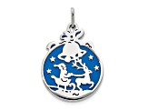 Sterling Silver Polished Blue Enamel Santa with Reindeer Circle Pendant
