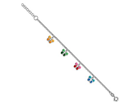 Rhodium Over Sterling Silver Enamel Butterflies 6-inch with 1-inch Extensions Child's Bracelet