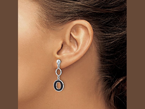 Rhodium Over Sterling Silver Polished Black Circle Post Dangle Earrings