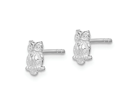Rhodium Over Sterling Silver Polished and Textured Owl Post Earrings