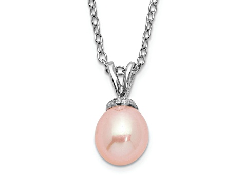 Rhodium Over Sterling Silver Pink Rice 6-7mm FWC Pearl Necklace