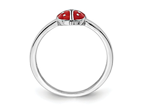 Rhodium Over Sterling Silver Polished and Enameled Ladybug Children's Ring