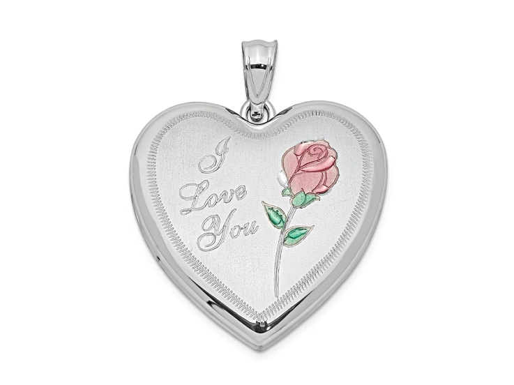 Rhodium Over Sterling Silver 24mm Enameled Rose Heart Locket Pendant