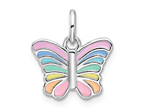 Rhodium Over Sterling Silver Multi-color Enameled Butterfly Children's Pendant