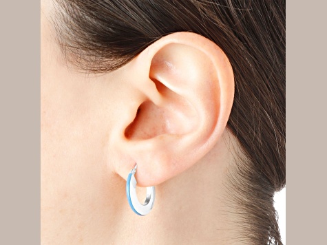 Sterling Silver Blue Enamel Round Hoop Earrings