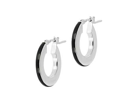Sterling Silver Black Enamel Round Hoop Earrings