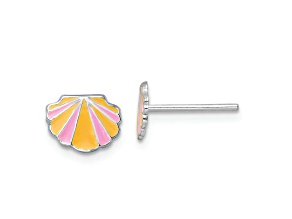 Rhodium Over Sterling Silver Pink/Orange Enamel Shell Children's Post Earrings