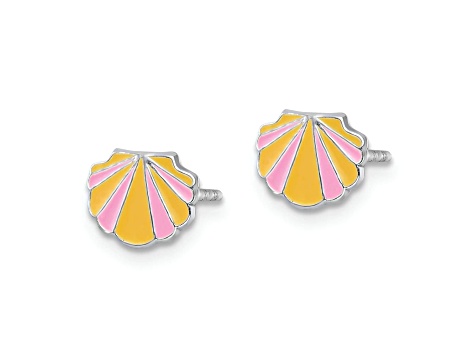 Rhodium Over Sterling Silver Pink/Orange Enamel Shell Children's Post Earrings