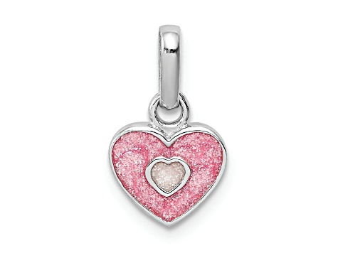 Rhodium Over Sterling Silver Pink Glitter Enameled Heart Children's Pendant