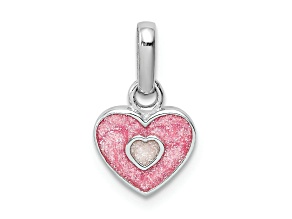 Rhodium Over Sterling Silver Pink Glitter Enameled Heart Children's Pendant