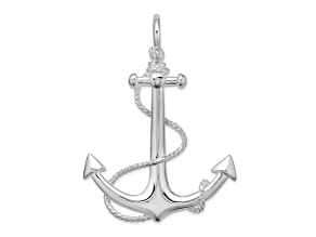 Rhodium Over Sterling Silver Polished 3D Anchor with Rope Pendant