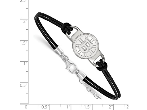 Rhodium Over Sterling Silver NHL LogoArt Boston Bruins Leather Bracelet