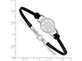 Rhodium Over Sterling Silver NHL LogoArt Boston Bruins Leather Bracelet