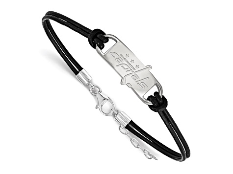 Rhodium Over Sterling Silver NHL LogoArt Washington Capitals Leather Bracelet