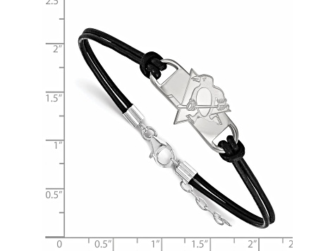 Rhodium Over Sterling Silver NHL LogoArt Pittsburgh Penguins Leather Bracelet