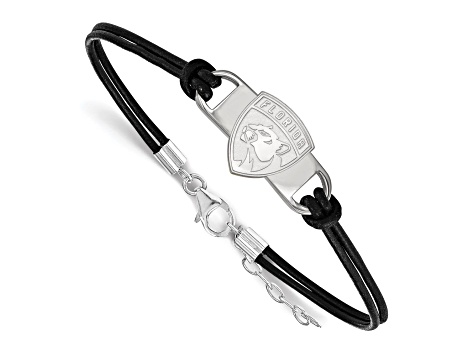 Rhodium Over Sterling Silver NHL LogoArt Florida Panthers Leather Bracelet