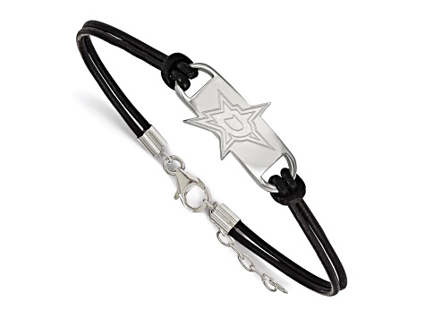 Rhodium Over Sterling Silver NHL LogoArt Dallas Stars Leather Bracelet