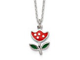 Sterling Silver Polished Red and Green Enameled Flower Children's Necklace