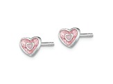 Rhodium Over Sterling Silver Pink Glitter Enamel Heart Children's Post Earrings
