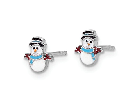 Rhodium Over Sterling Silver Enamel Snowman Children's Post Earrings