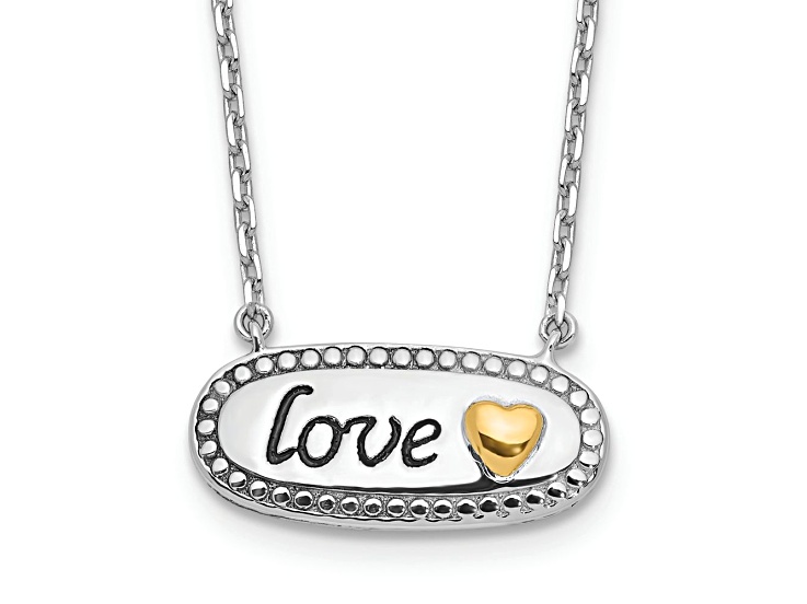 Rhodium Over Sterling Silver with 14K Yellow Gold accent Enamel LOVE with 2" Extension Necklace