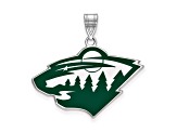 Rhodium Over Sterling Silver NHL LogoArt Minnesota Wild Large Enamel Pendant