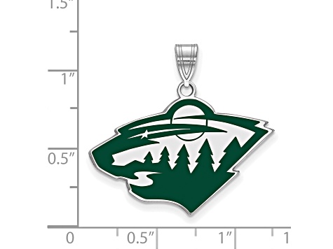 Rhodium Over Sterling Silver NHL LogoArt Minnesota Wild Large Enamel Pendant