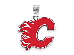 Rhodium Over Sterling Silver NHL LogoArt Calgary Flames Large Enamel Pendant