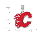 Rhodium Over Sterling Silver NHL LogoArt Calgary Flames Large Enamel Pendant