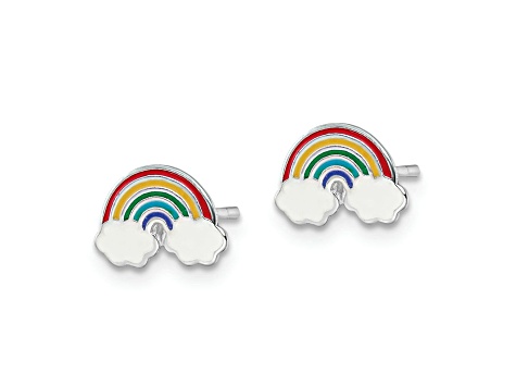 Rhodium Over Sterling Silver Enamel Rainbow Children's Post Earrings