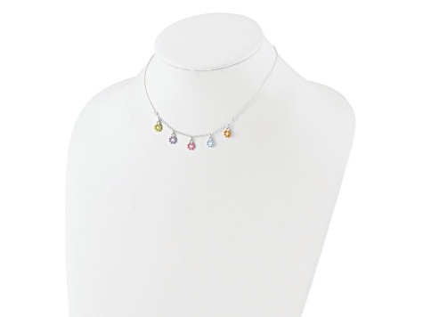 Sterling Silver Polished Multi-color Enameled Flowers Children's Necklace