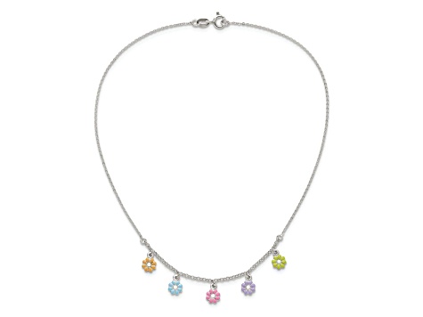 Sterling Silver Polished Multi-color Enameled Flowers Children's Necklace