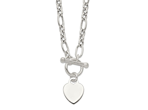 Sterling Silver Polished Heart Charm Fancy Link Necklace