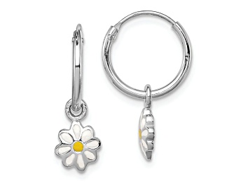Picture of Rhodium Over Sterling Silver Enamel Daisy Children's Round Hoop Earrings