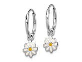 Rhodium Over Sterling Silver Enamel Daisy Children's Round Hoop Earrings