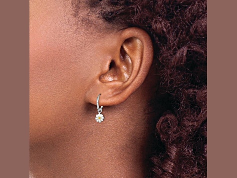 Rhodium Over Sterling Silver Enamel Daisy Children's Round Hoop Earrings