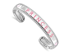 Rhodium Over Sterling Silver Pink Enamel Princess Hearts Children's Cuff Bangle Bracelet