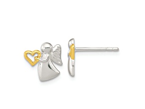 Rhodium Over Sterling Silver Angel With 14K Yellow Gold Over Sterling Silver Heart Earrings