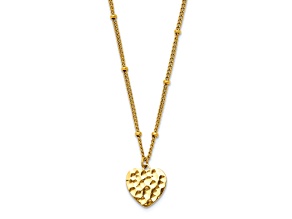 Stainless Steel Polished Hammered Yellow IP-plated Heart 15-inch with 2-inch Extension Necklace
