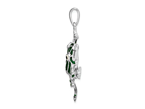 Rhodium Over Sterling Silver Polished Enameled Green Frog Pendant