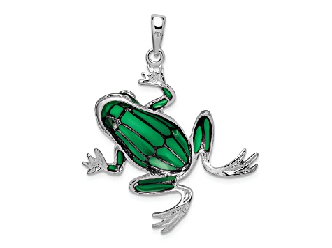 Rhodium Over Sterling Silver Polished Enameled Green Frog Pendant